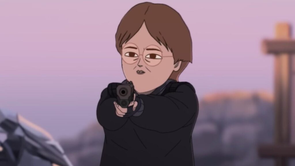 Martha Kelly as Agent Harrington aiming handgun with determined expression during tense confrontation