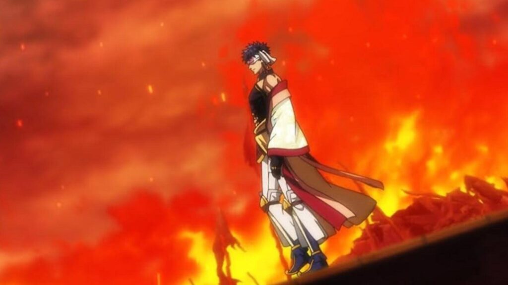 Sasaki Kojiro standing amid burning flames on devastated battlefield scene, from Record of Ragnarok season 3
