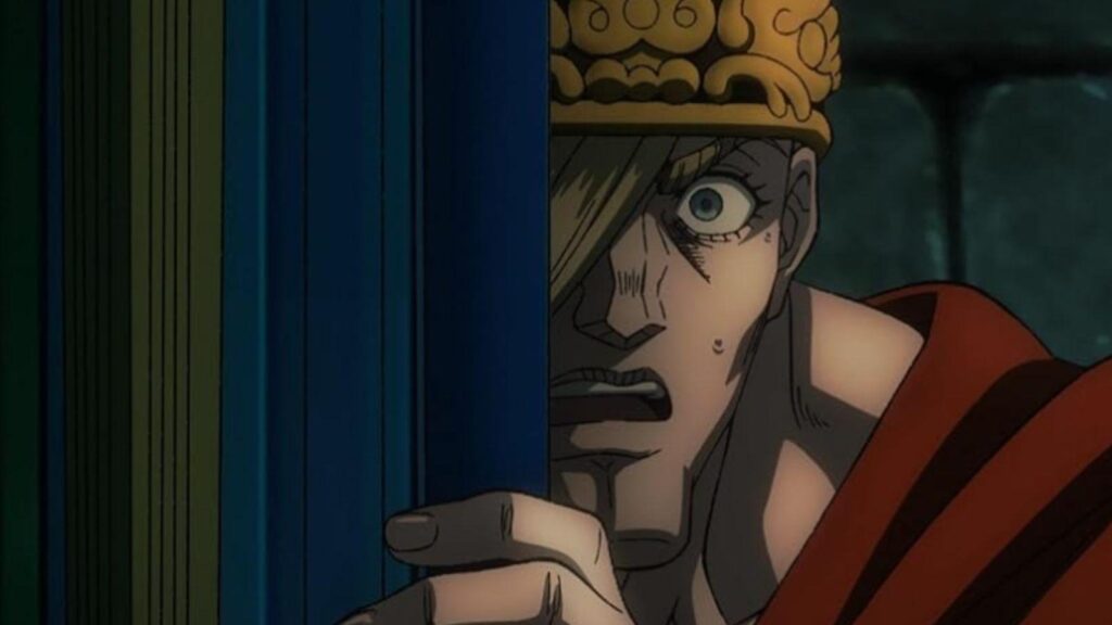 Qin Shi Huang peering through door shocked during tense battle moment, from Record of Ragnarok season 3