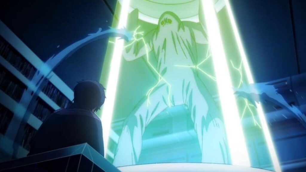 Zeus glowing divine form watched by Adam in experimental containment chamber, from Record of Ragnarok season 3