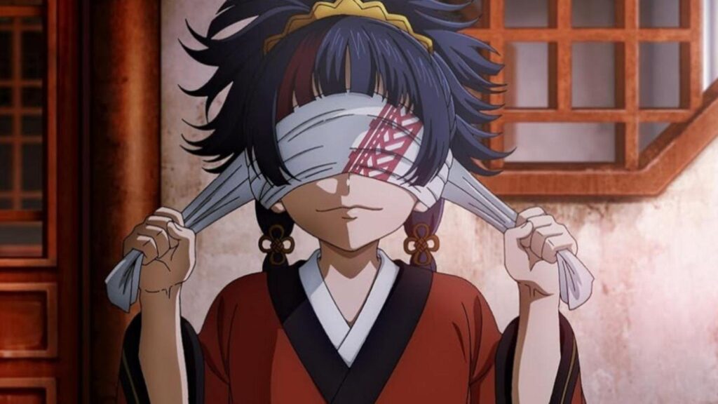 Brunhilde removing blindfold smiling in calm scene Jack the Ripper Buddha, from Record of Ragnarok season 3