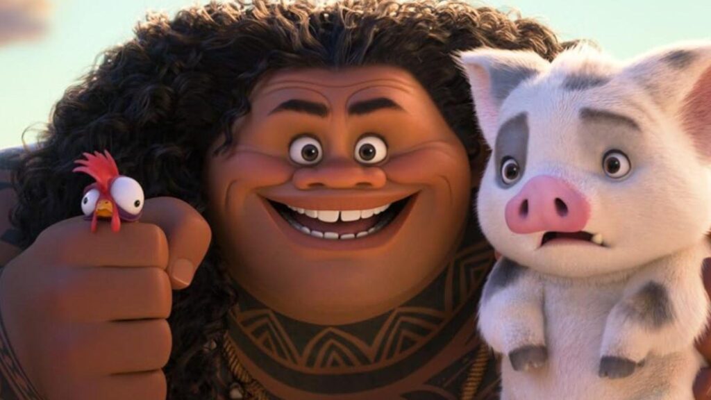 Dwayne Johnson as Maui smiling pig rooster companion from Moana season 2