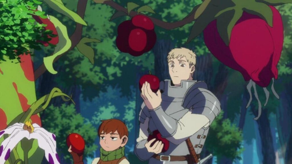 Laios and Chilchuck gather dungeon fruit during exploration in Delicious in Dungeon, from Delicious in Dungeon season 1