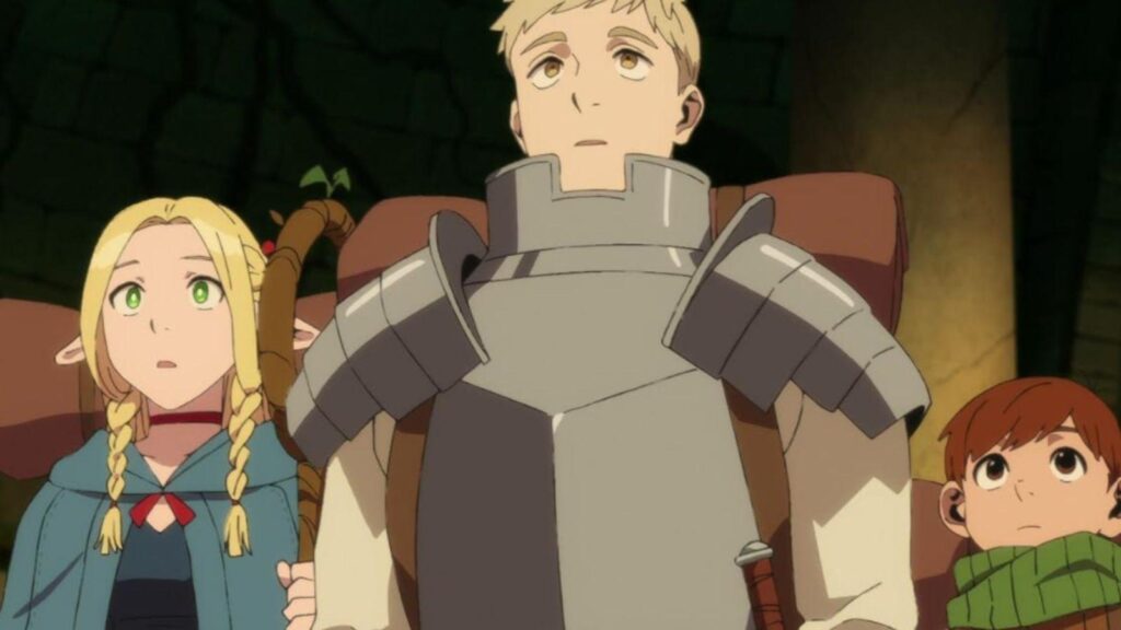 Marcille Laios and Chilchuck react cautiously inside the dungeon together, from Delicious in Dungeon season 1