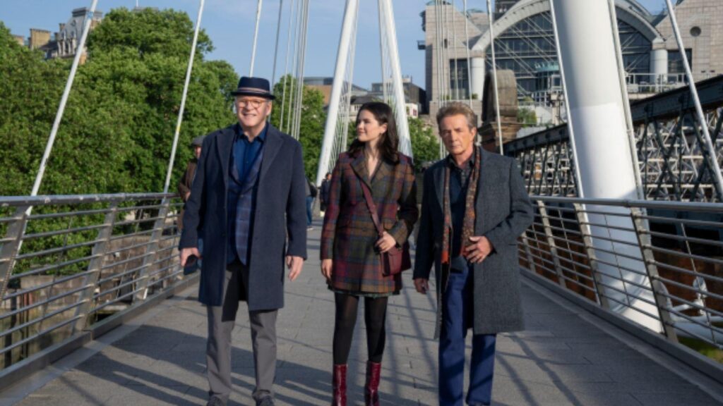 Steve Martin Selena Gomez and Martin Short walking across London bridge, from Only Murders in the Building season 6