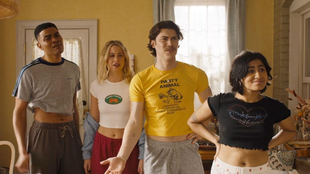 Owen Thiele as Anton, Lucy Freyer as Billie, Jack Innanen as Paul Baker, and Amita Rao as Issa in Adults season 2 trailer.