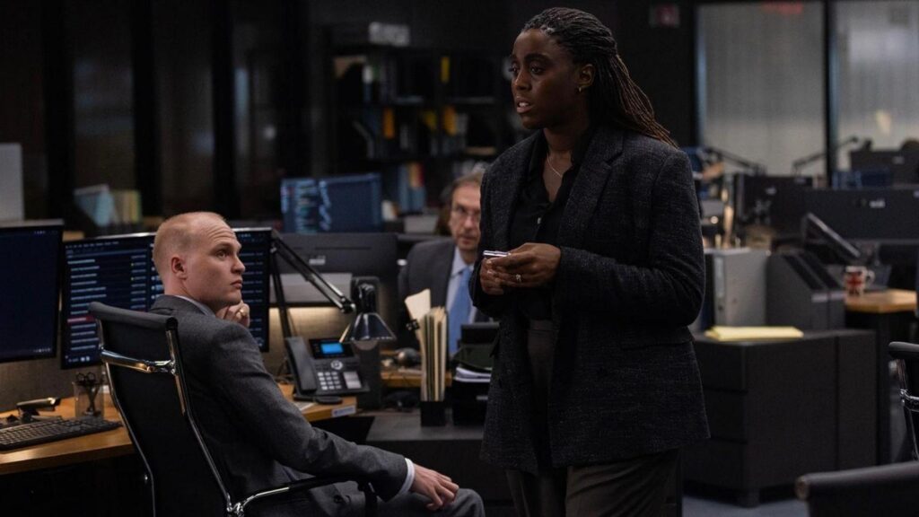Ben Hall as Damian Richardson and Lashana Lynch as Bianca Pullman in The Day of the Jackal season 1.
